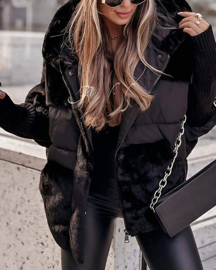 Comfortable Faux Fur Puffer Jacket for Women with Hooded Long Sleeve Ribbed Cuff Oversized Style