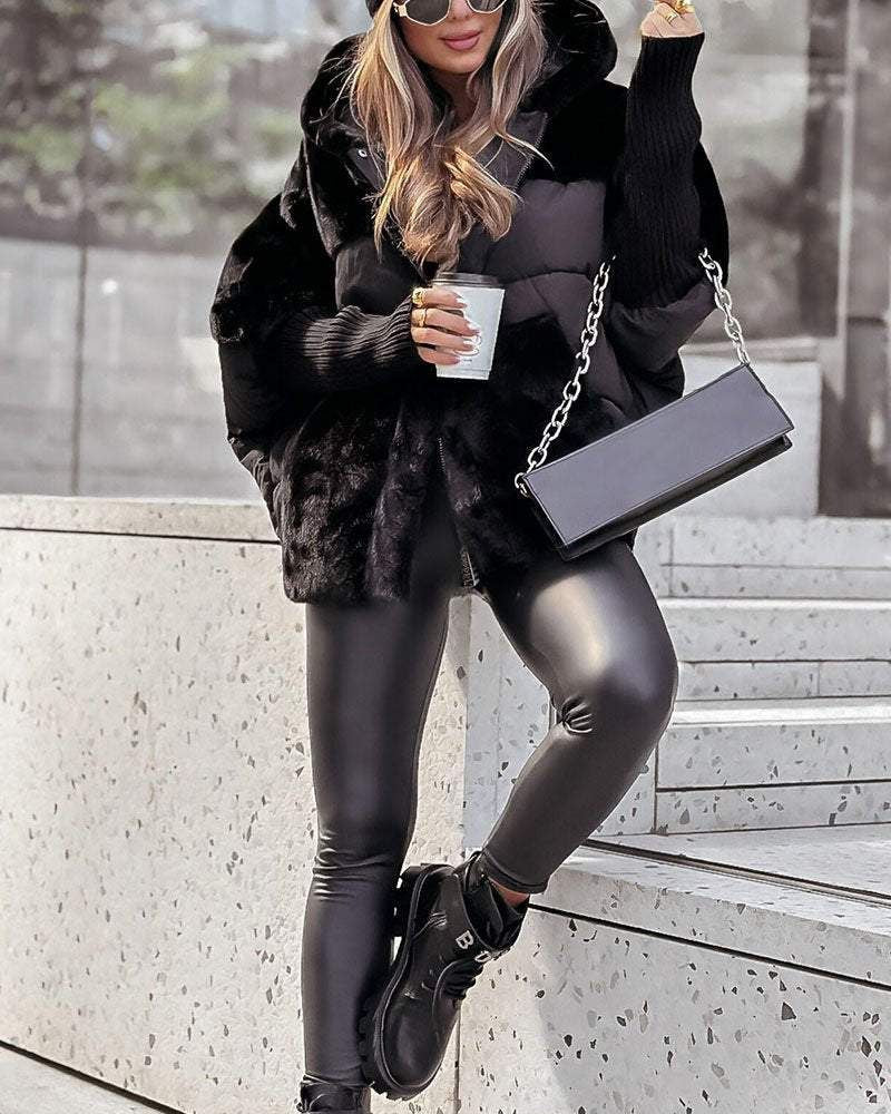 Comfortable Faux Fur Puffer Jacket for Women with Hooded Long Sleeve Ribbed Cuff Oversized Style