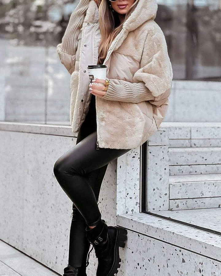 Comfortable Faux Fur Puffer Jacket for Women with Hooded Long Sleeve Ribbed Cuff Oversized Style