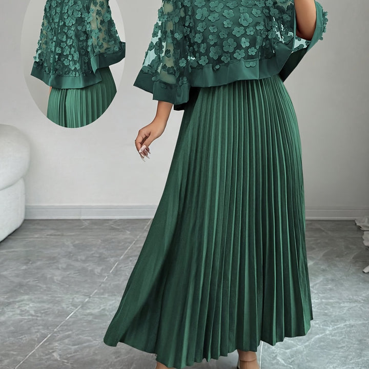 Elegant Floral Pleated Maxi Dress for Women with Round Neck Cape Sleeve Appliqué Flowing Formal Wedding Guest Style