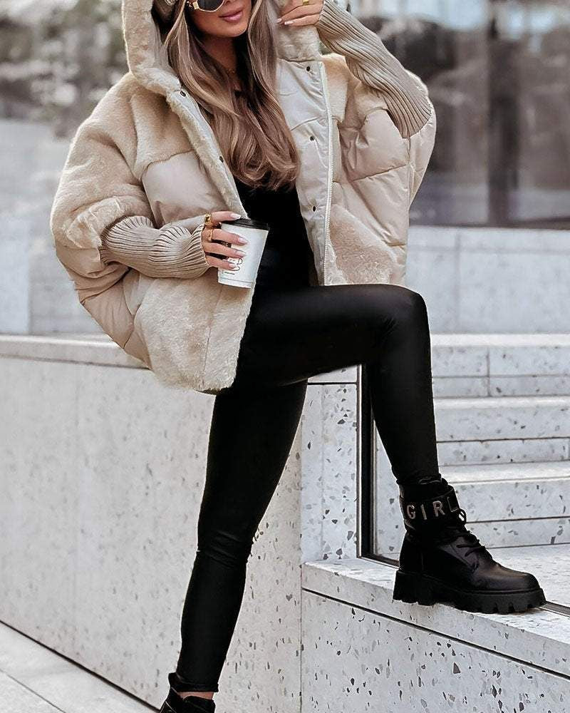 Comfortable Faux Fur Puffer Jacket for Women with Hooded Long Sleeve Ribbed Cuff Oversized Style