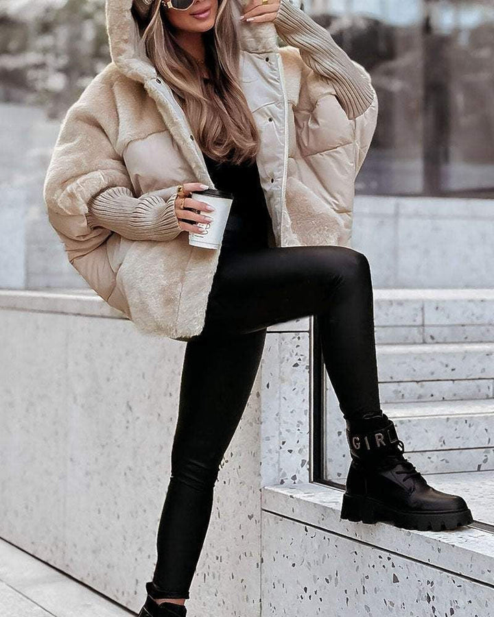 Comfortable Faux Fur Puffer Jacket for Women with Hooded Long Sleeve Ribbed Cuff Oversized Style