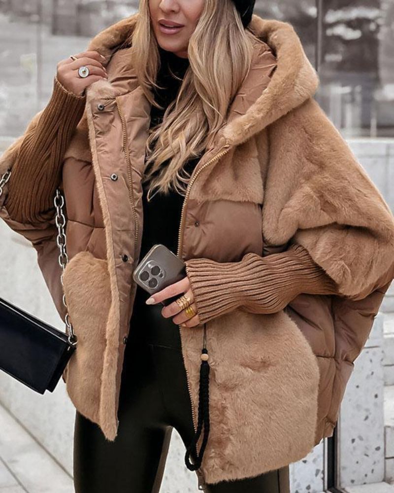 Comfortable Faux Fur Puffer Jacket for Women with Hooded Long Sleeve Ribbed Cuff Oversized Style