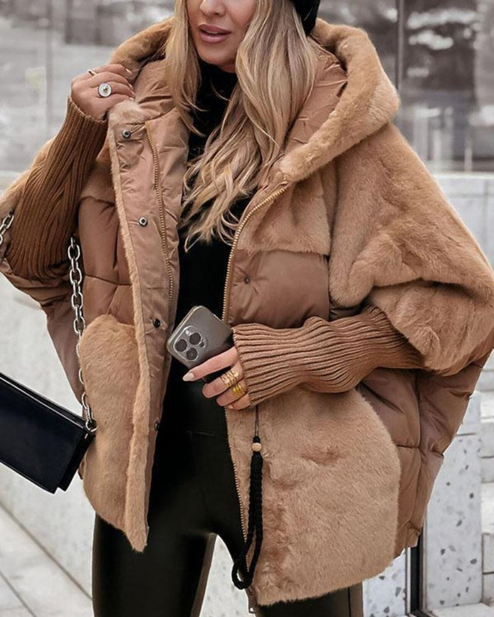 Comfortable Faux Fur Puffer Jacket for Women with Hooded Long Sleeve Ribbed Cuff Oversized Style