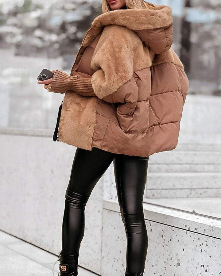 Comfortable Faux Fur Puffer Jacket for Women with Hooded Long Sleeve Ribbed Cuff Oversized Style
