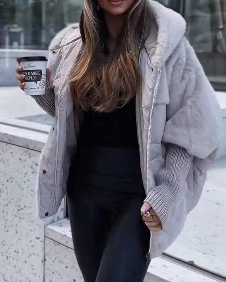 Comfortable Faux Fur Puffer Jacket for Women with Hooded Long Sleeve Ribbed Cuff Oversized Style