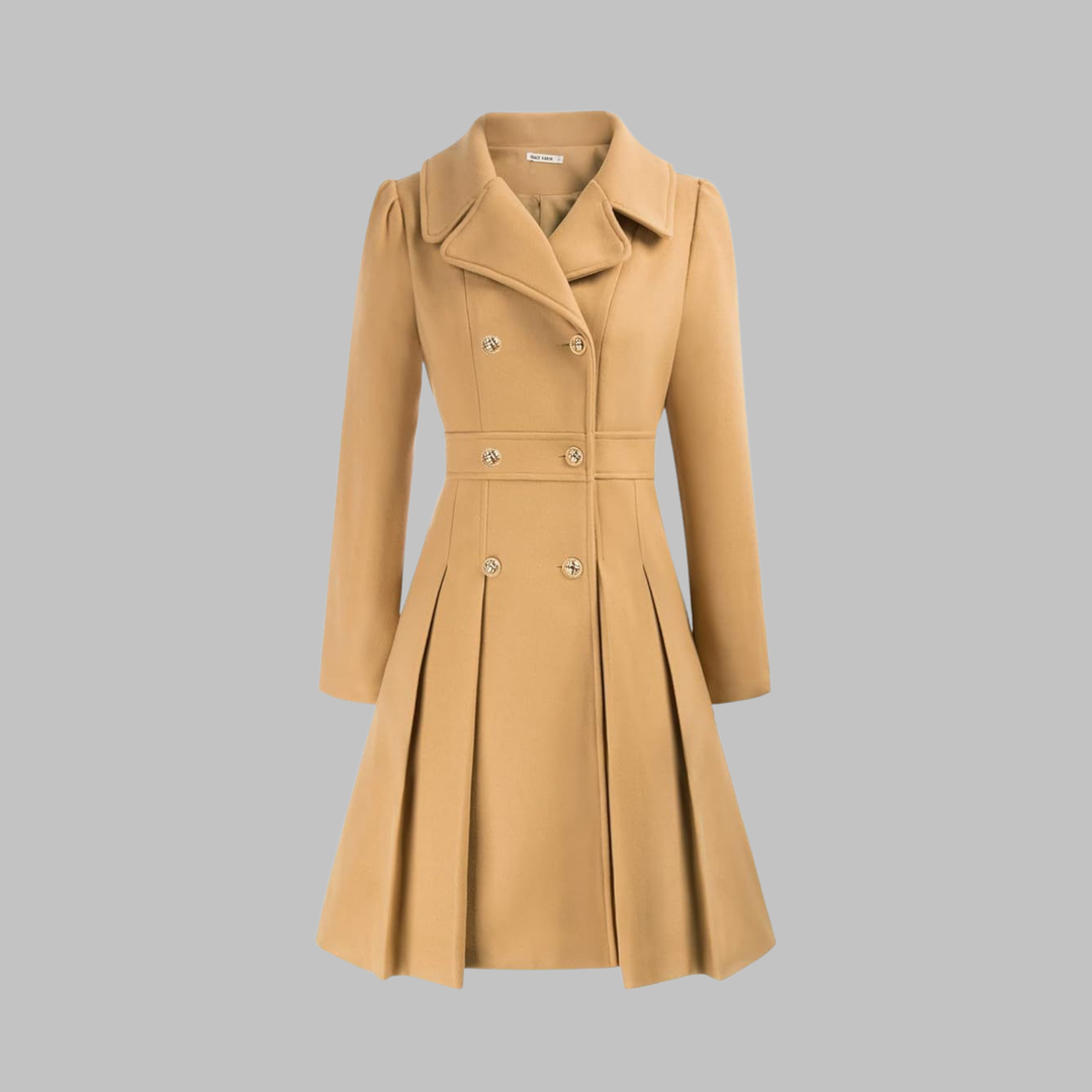 Elegant Wool Blend Pea Coat for Women with Notched Lapel Long Sleeve Double Breasted Pleated Fit and Flare Style