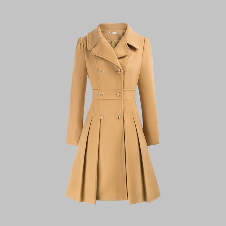 Elegant Wool Blend Pea Coat for Women with Notched Lapel Long Sleeve Double Breasted Pleated Fit and Flare Style