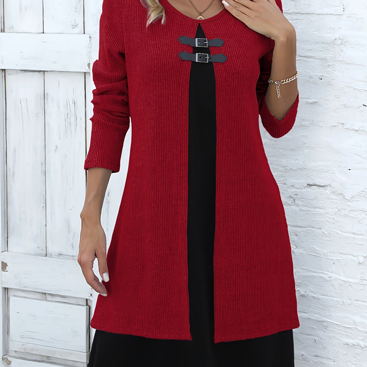 Comfortable Ribbed Knit Sweater Dress for Women with Round Neck Long Sleeve Buckle Detail Layered Style