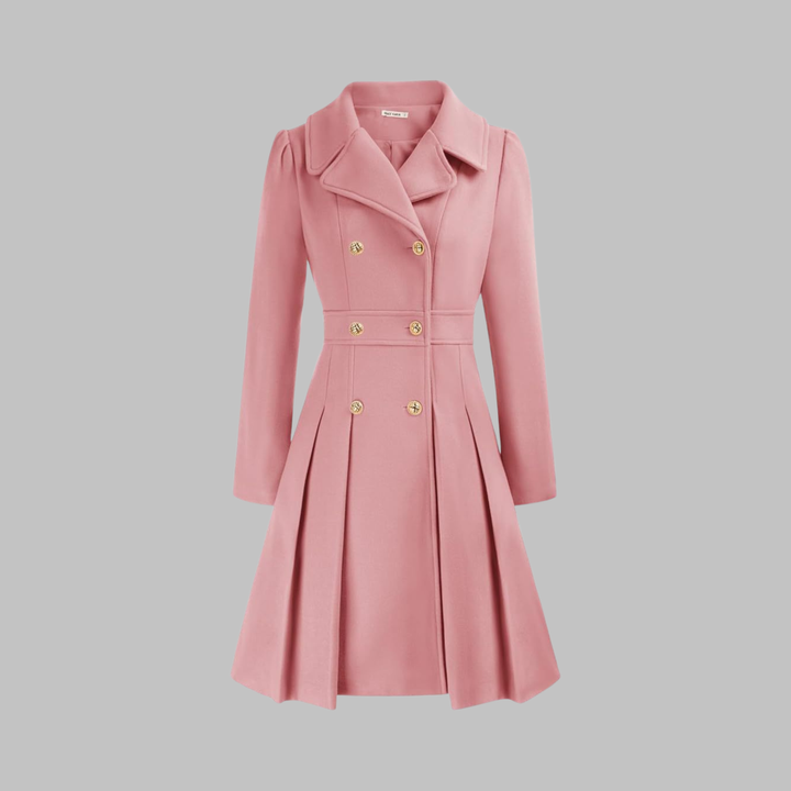 Elegant Wool Blend Pea Coat for Women with Notched Lapel Long Sleeve Double Breasted Pleated Fit and Flare Style