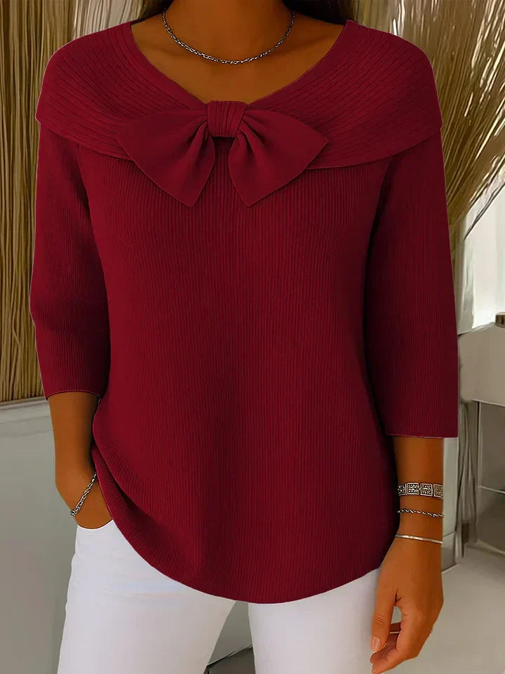 Effortless Ribbed Knit Sweater for Women with V Neck Elbow Sleeve Bow Tie Foldover Collar Relaxed Style