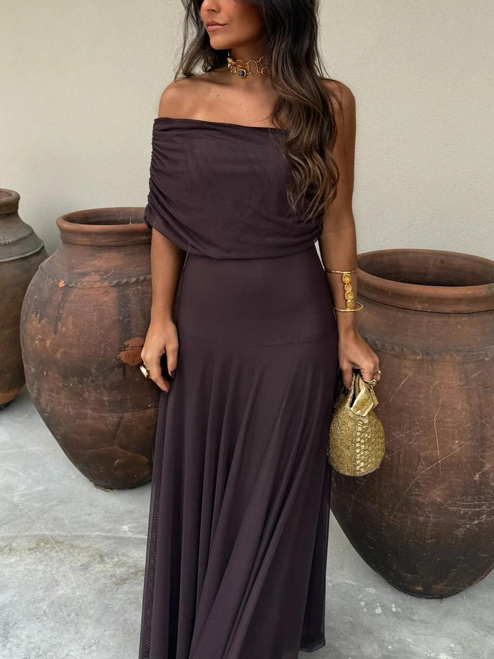Elegant Mesh Maxi Dress for Women with Off Shoulder Short Sleeve Ruched Flowing Style