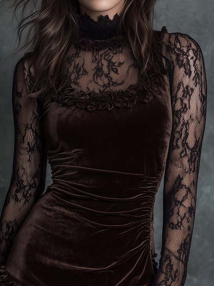 Elegant Chocolate Velvet Mini Dress for Women with High Neck Lace Long Sleeve Ruched Bodycon Cocktail Style