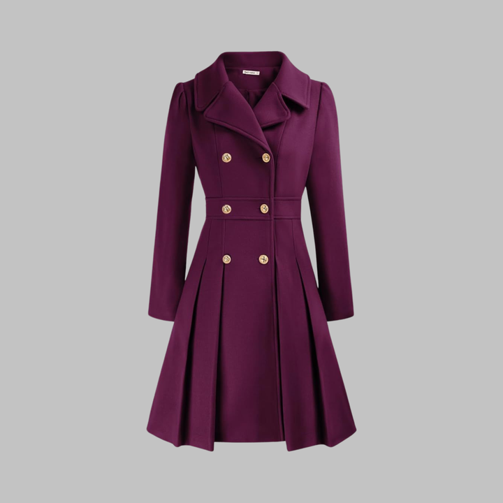 Elegant Wool Blend Pea Coat for Women with Notched Lapel Long Sleeve Double Breasted Pleated Fit and Flare Style