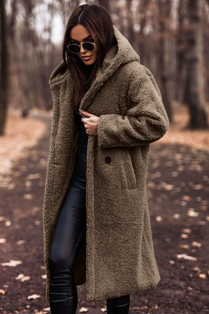Effortless Shearling Coat for Women with Hooded Collar Long Sleeve Oversized Longline Style