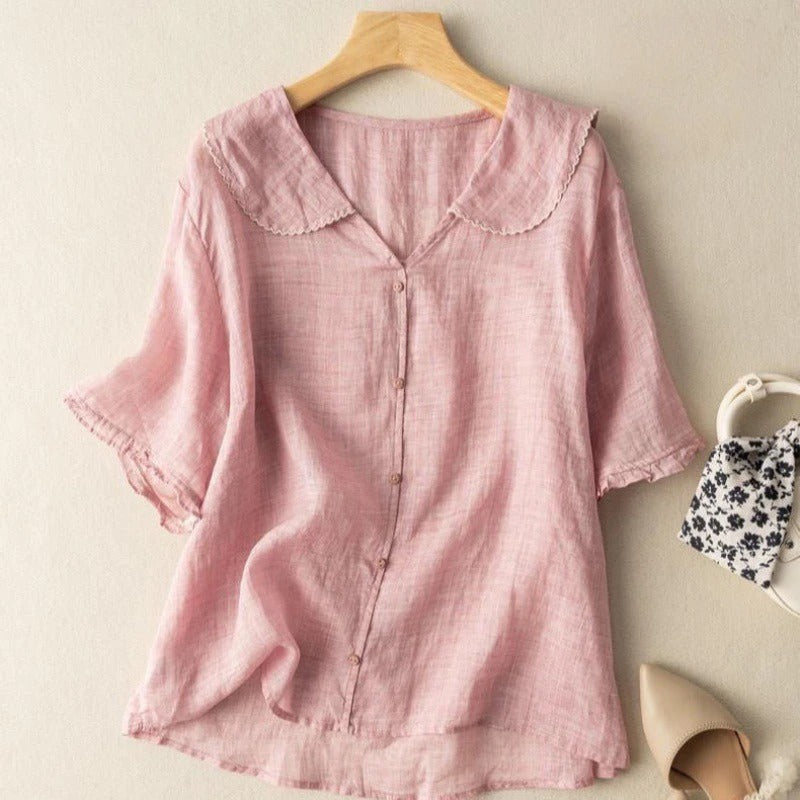 Effortless Linen Blouse for Women with Peter Pan Collar Short Sleeve Ruffle Button Front Relaxed Style