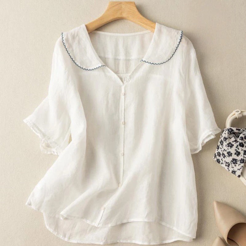 Effortless Linen Blouse for Women with Peter Pan Collar Short Sleeve Ruffle Button Front Relaxed Style