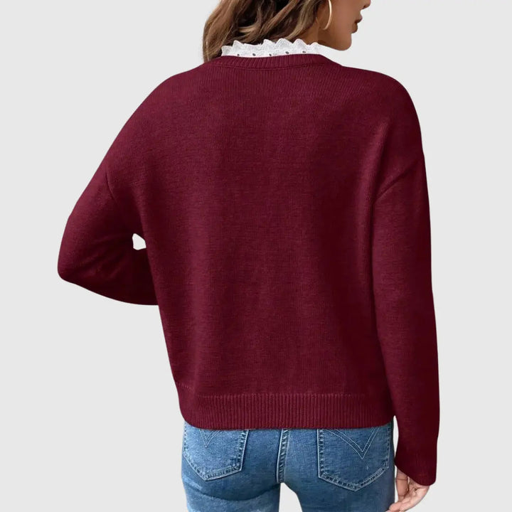 Comfortable Lace Trim Sweater for Women with V Neck Long Sleeve Relaxed Oversized Knit Style