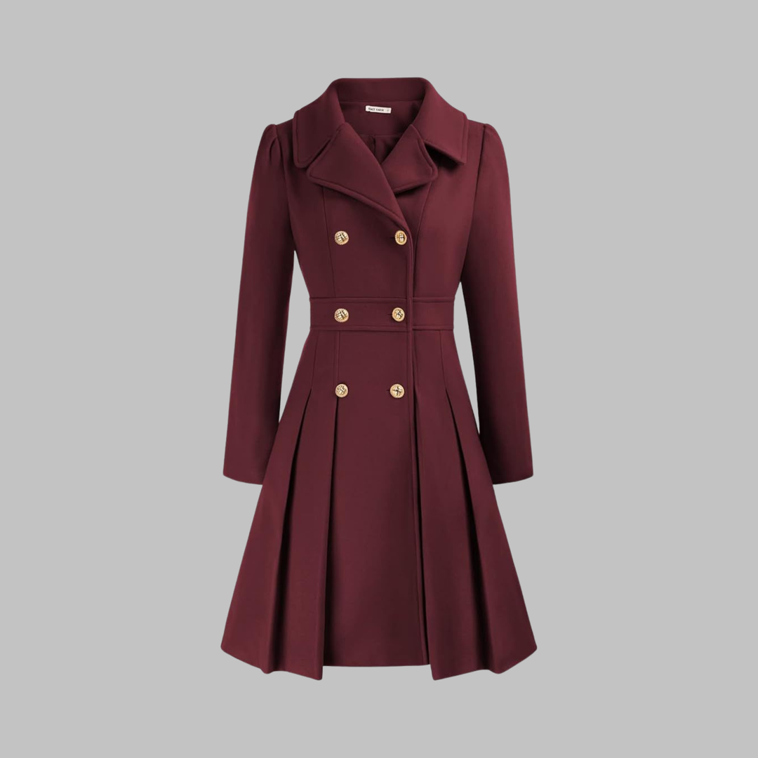 Elegant Wool Blend Pea Coat for Women with Notched Lapel Long Sleeve Double Breasted Pleated Fit and Flare Style
