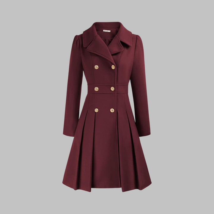 Elegant Wool Blend Pea Coat for Women with Notched Lapel Long Sleeve Double Breasted Pleated Fit and Flare Style