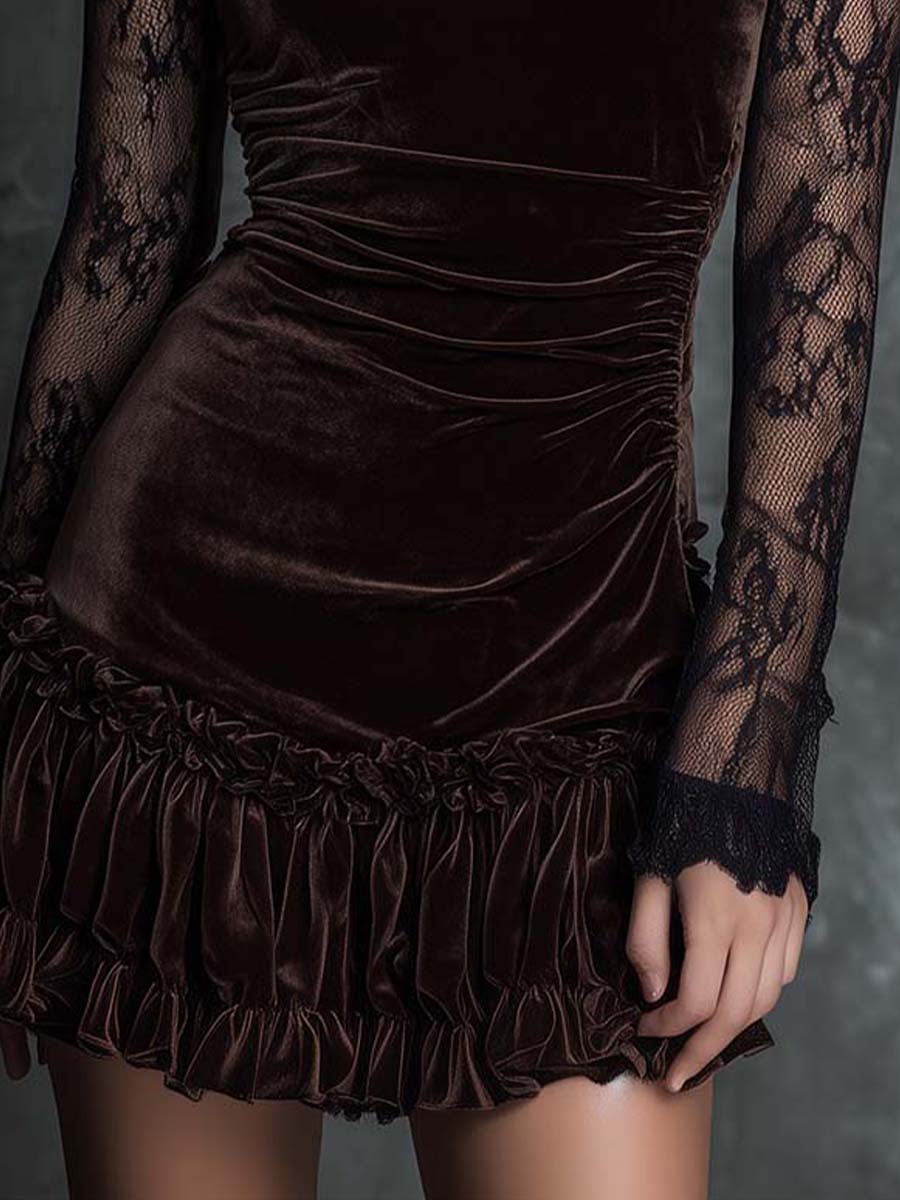 Elegant Chocolate Velvet Mini Dress for Women with High Neck Lace Long Sleeve Ruched Bodycon Cocktail Style
