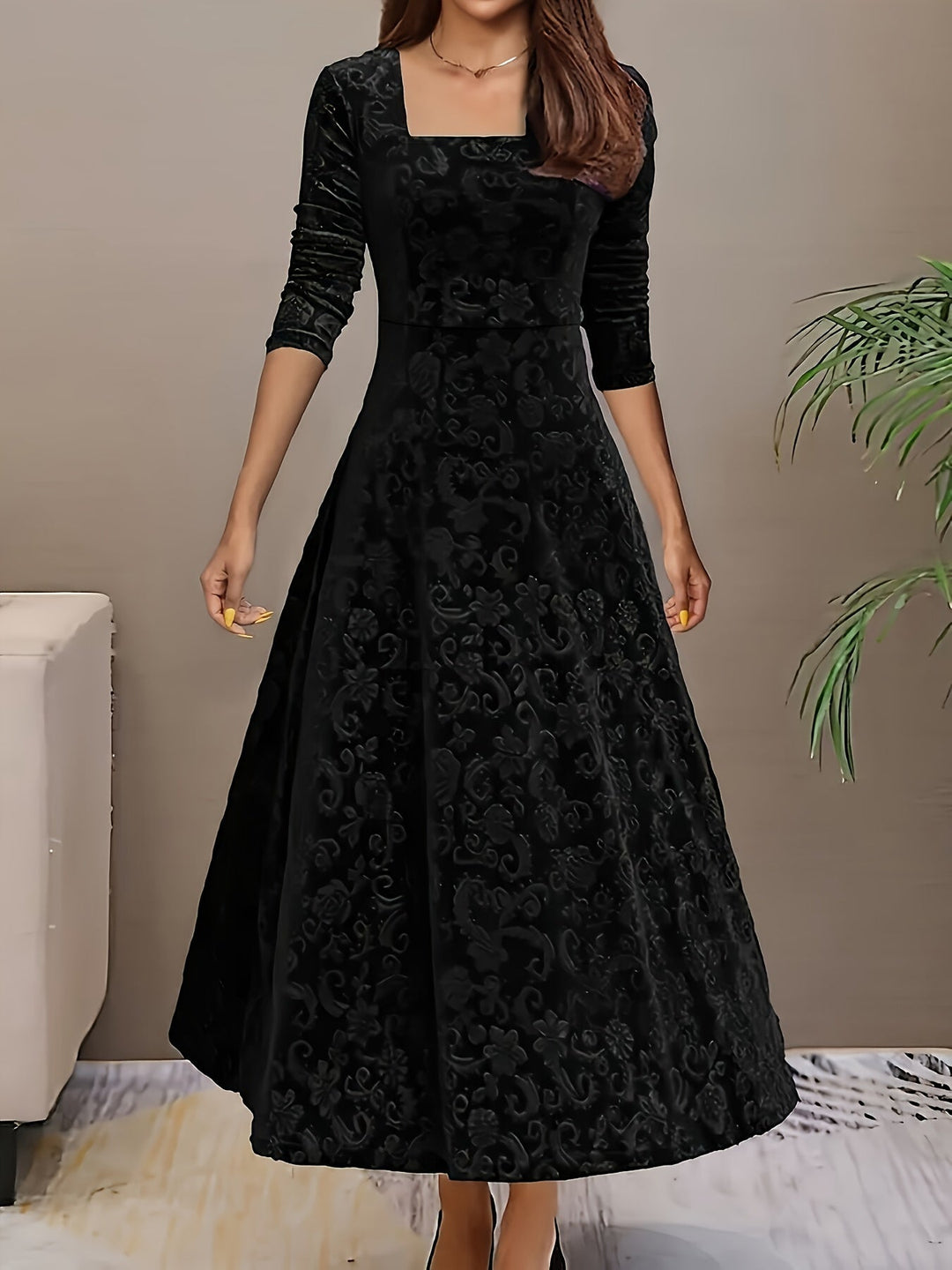 Elegant Velvet Floral Maxi Dress for Women with Square Neck Elbow Sleeve A Line Flowing Style