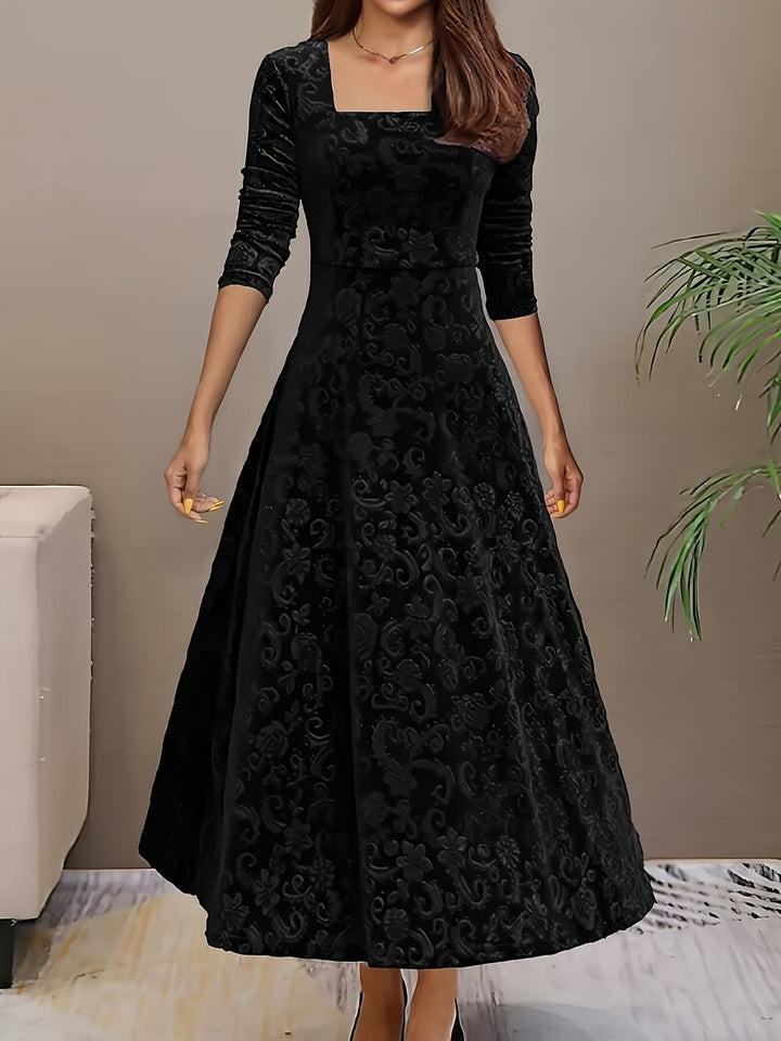 Elegant Velvet Floral Maxi Dress for Women with Square Neck Elbow Sleeve A Line Flowing Style