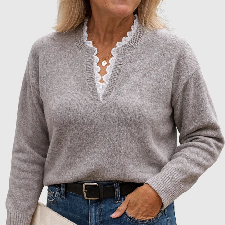 Comfortable Lace Trim Sweater for Women with V Neck Long Sleeve Relaxed Oversized Knit Style