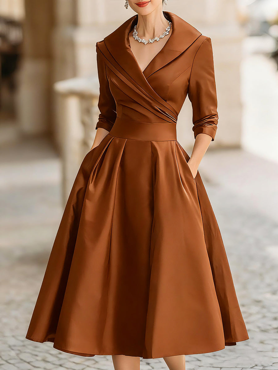 Elegant Satin Midi Dress for Women with Shawl Collar Elbow Sleeve Pleated A Line Cocktail Style