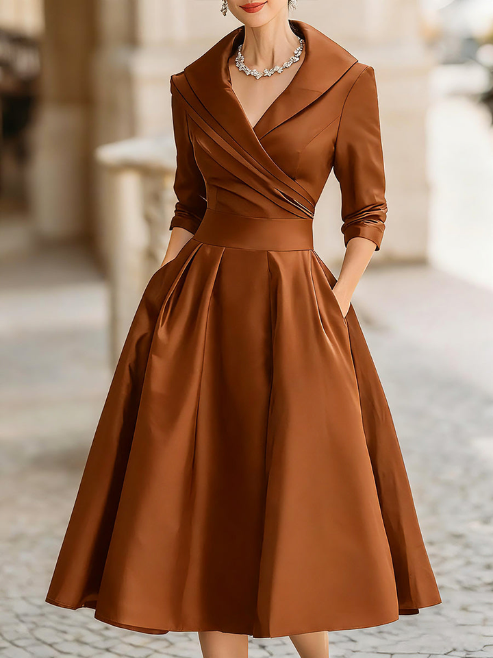 Elegant Satin Midi Dress for Women with Shawl Collar Elbow Sleeve Pleated A Line Cocktail Style