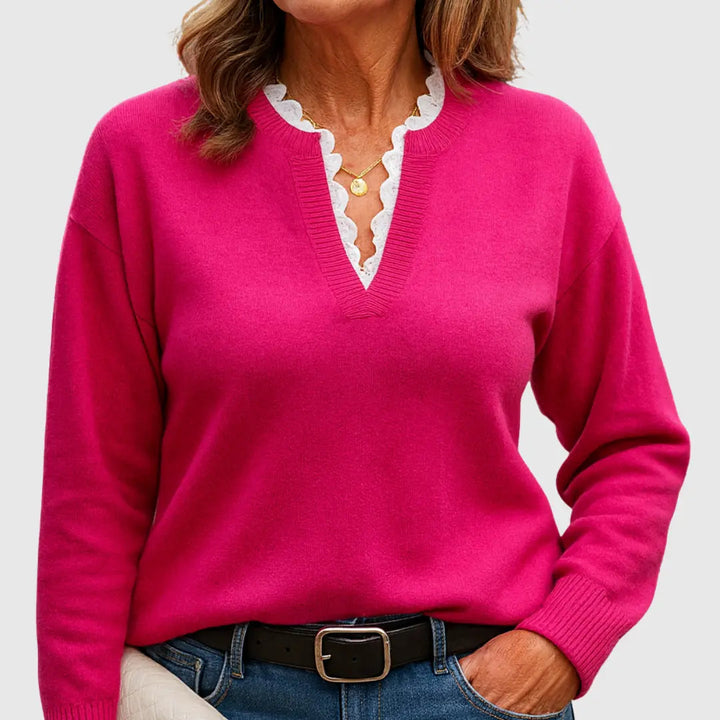 Comfortable Lace Trim Sweater for Women with V Neck Long Sleeve Relaxed Oversized Knit Style