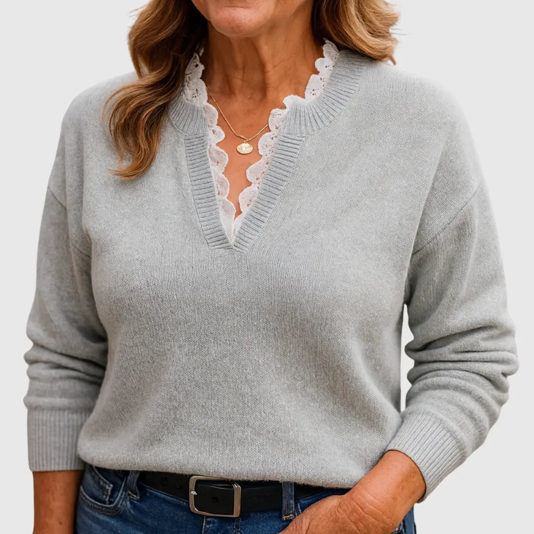 Comfortable Lace Trim Sweater for Women with V Neck Long Sleeve Relaxed Oversized Knit Style