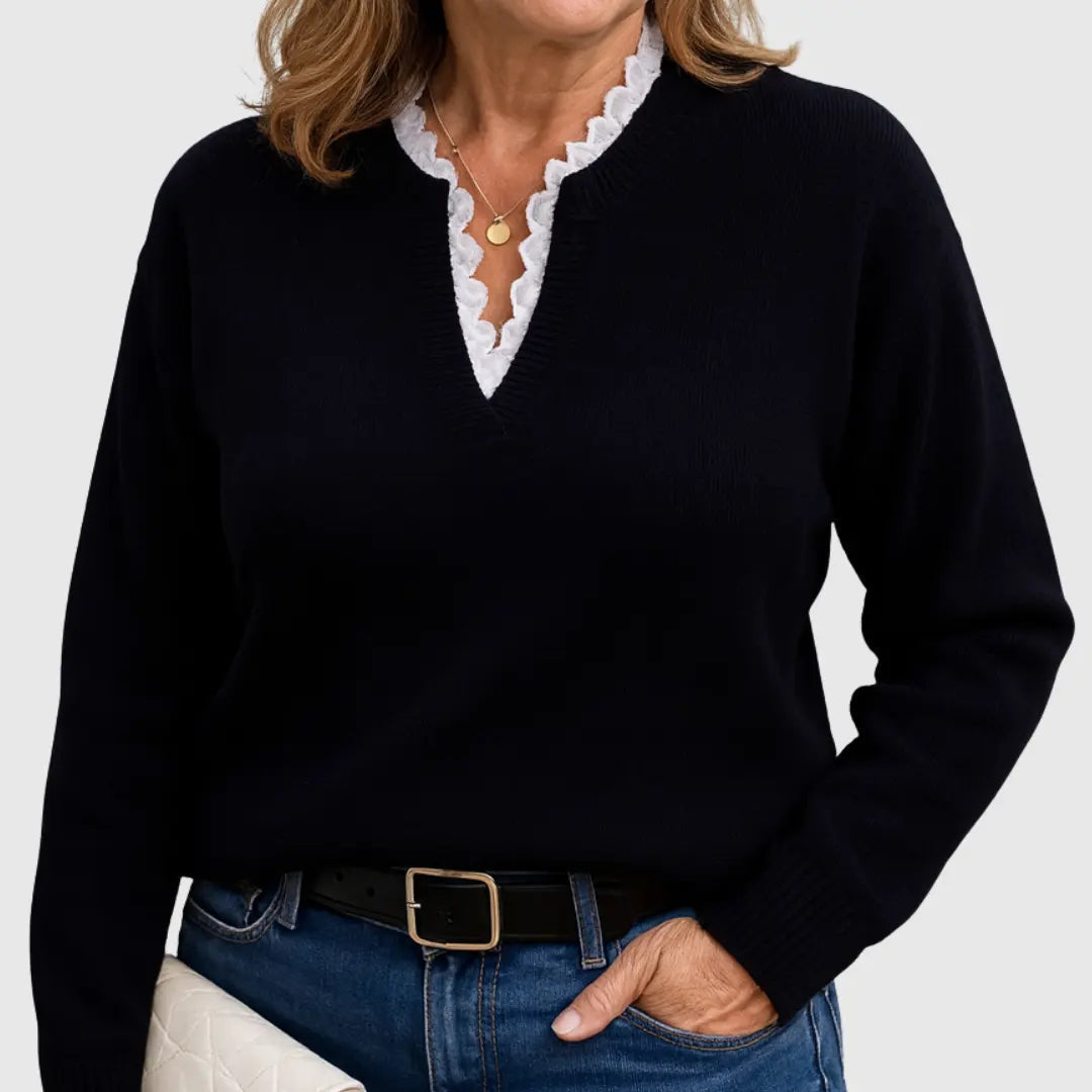 Comfortable Lace Trim Sweater for Women with V Neck Long Sleeve Relaxed Oversized Knit Style