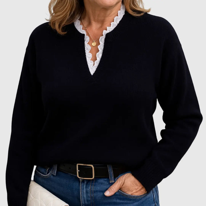 Comfortable Lace Trim Sweater for Women with V Neck Long Sleeve Relaxed Oversized Knit Style