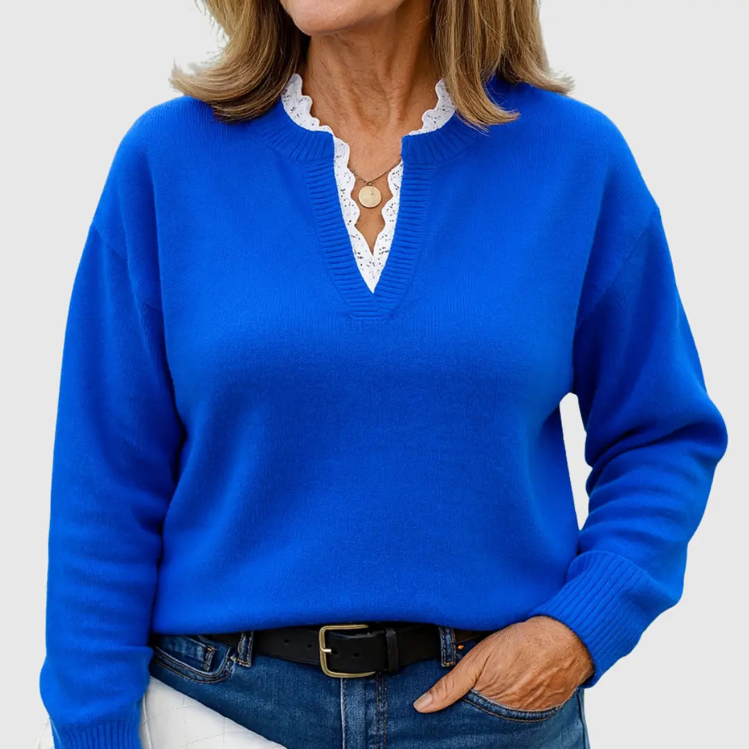 Comfortable Lace Trim Sweater for Women with V Neck Long Sleeve Relaxed Oversized Knit Style