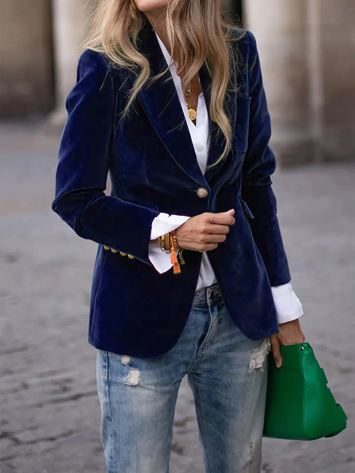 Elegant Velvet Blazer for Women with Lapel Collar Long Sleeve Single Button Tailored Formal Style