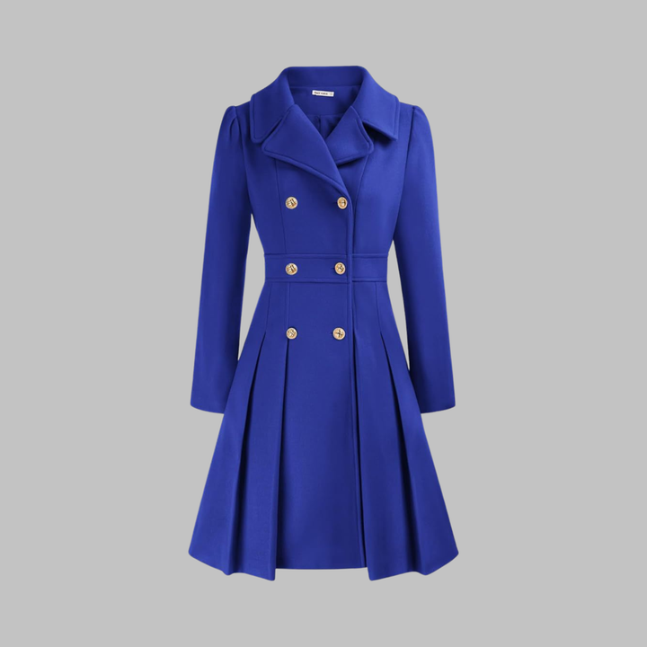 Elegant Wool Blend Pea Coat for Women with Notched Lapel Long Sleeve Double Breasted Pleated Fit and Flare Style
