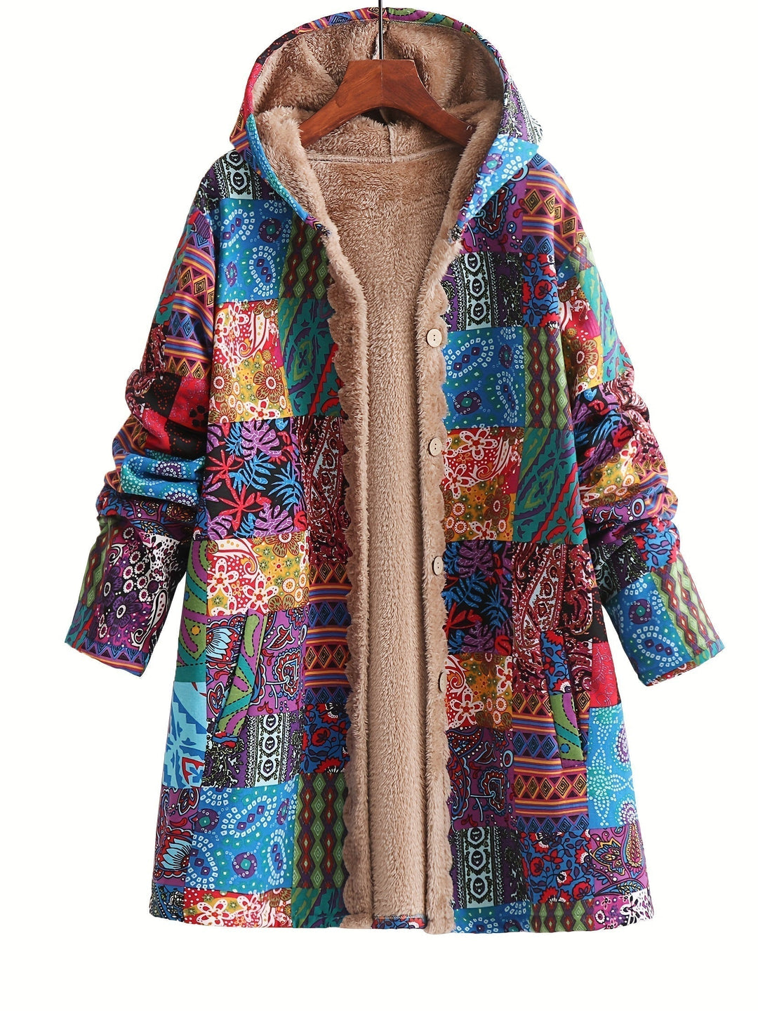 Effortless Patchwork Print Fleece Lined Coat for Women with Hooded Long Sleeve Button Front Oversized Bohemian Style