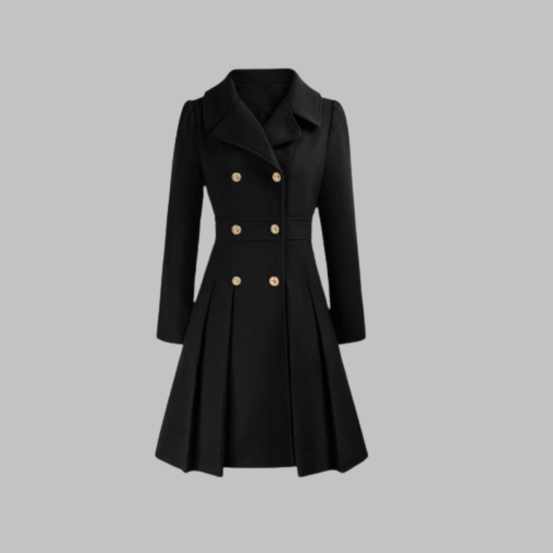 Elegant Wool Blend Pea Coat for Women with Notched Lapel Long Sleeve Double Breasted Pleated Fit and Flare Style