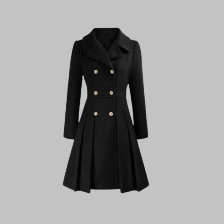 Elegant Wool Blend Pea Coat for Women with Notched Lapel Long Sleeve Double Breasted Pleated Fit and Flare Style