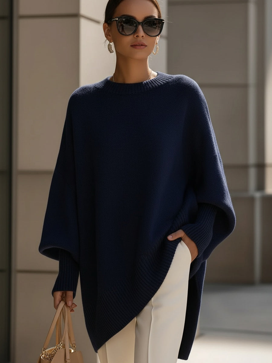 Comfortable Knit Poncho Sweater for Women with Crew Neck Batwing Sleeve Oversized Asymmetric Style