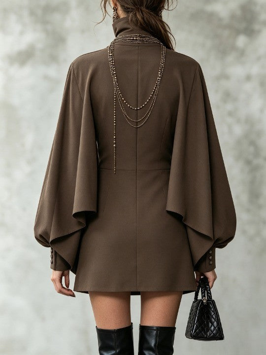 Elegant Chocolate Mini Dress for Women with High Neck Long Sleeve Draped Cape Style