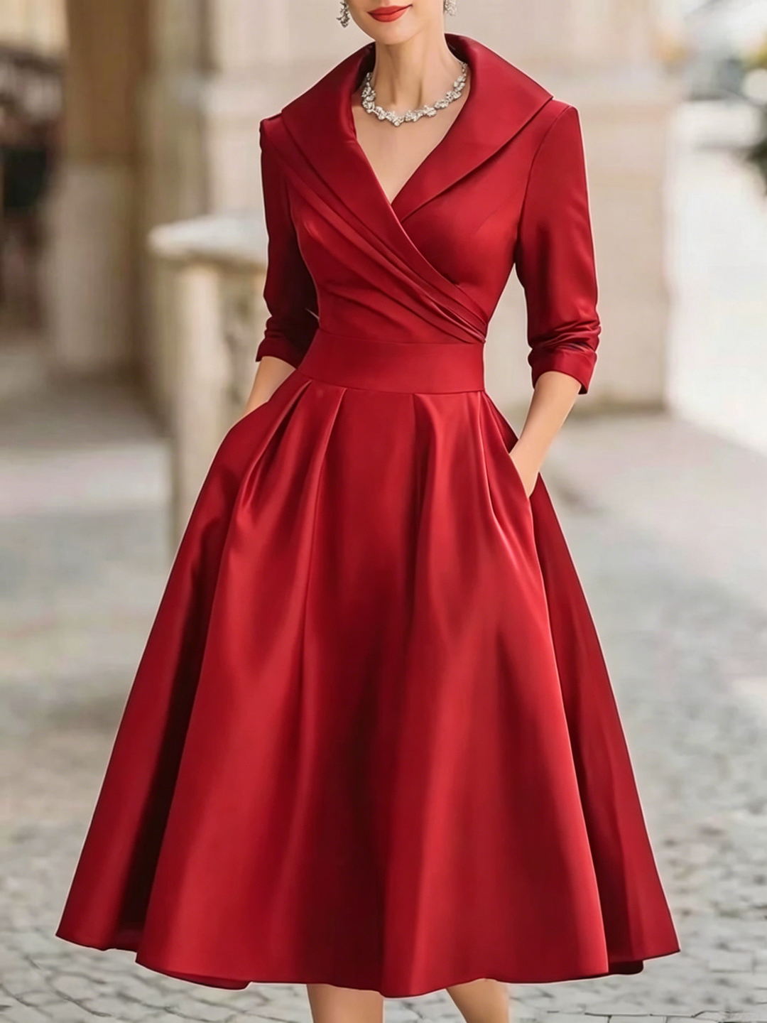 Elegant Satin Midi Dress for Women with Shawl Collar Elbow Sleeve Pleated A Line Cocktail Style