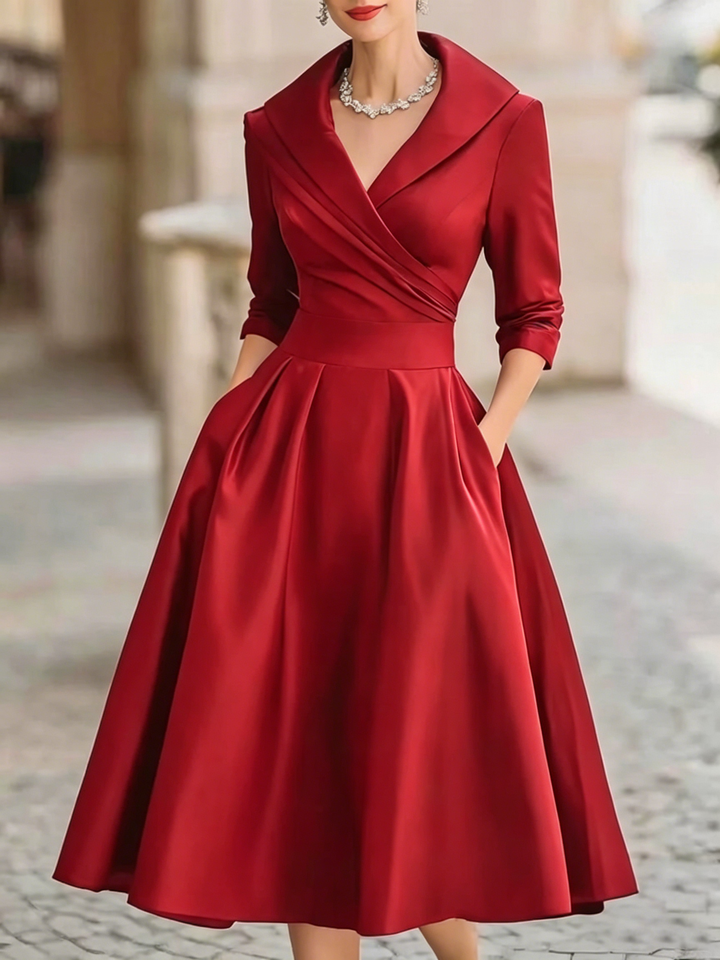 Elegant Satin Midi Dress for Women with Shawl Collar Elbow Sleeve Pleated A Line Cocktail Style