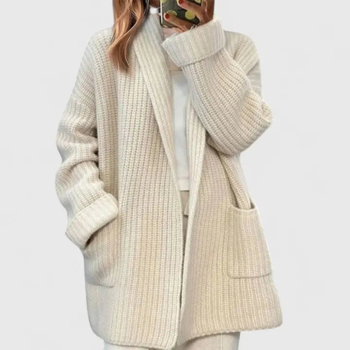 Comfortable Chunky Cardigan Sweater for Women with Shawl Collar Long Sleeve Patch Pocket Oversized Knit Style