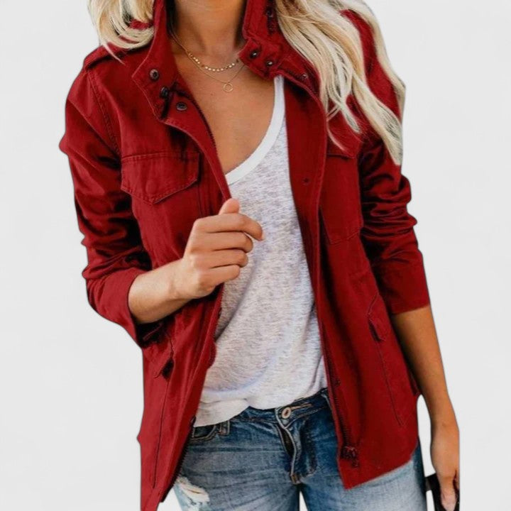 Effortless Cotton Utility Jacket for Women with Snap Collar Long Sleeve Cargo Pocket Casual Style