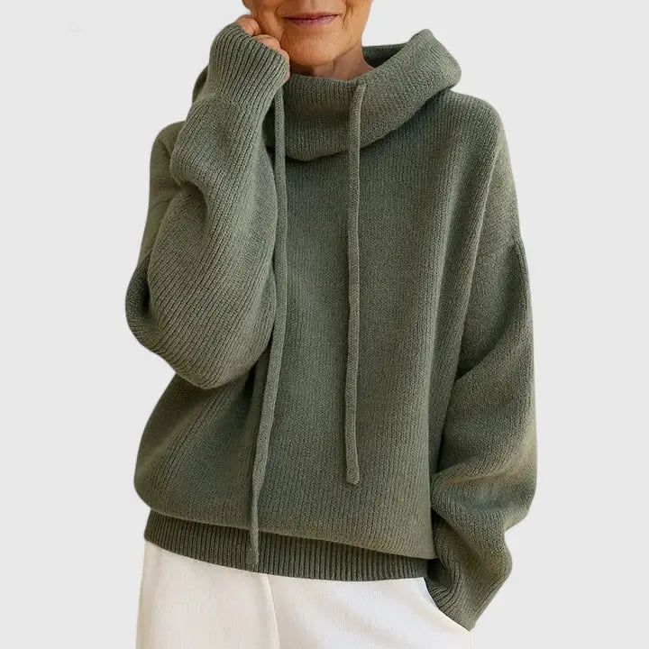 Comfortable Knit Hooded Sweater for Women with Cowl Neck Long Sleeve Drawstring Oversized Style