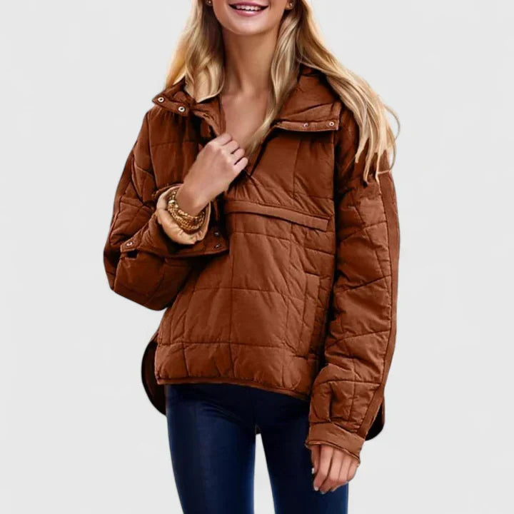 Comfortable Quilted Puffer Jacket for Women with Hooded Snap Front Long Sleeve High Low Hem Casual Style