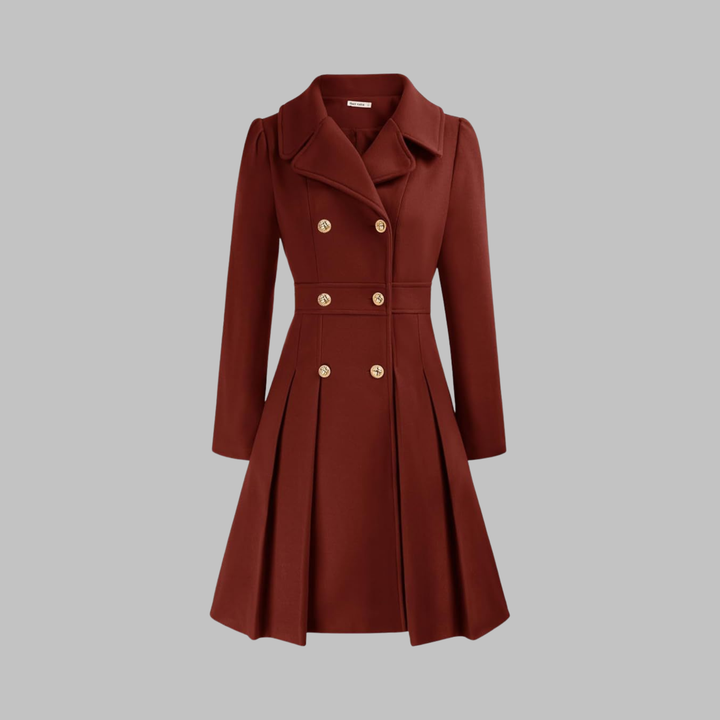 Elegant Wool Blend Pea Coat for Women with Notched Lapel Long Sleeve Double Breasted Pleated Fit and Flare Style