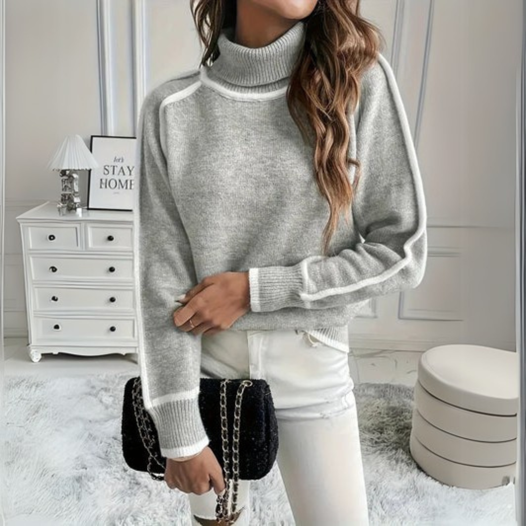 Comfortable Gray Turtleneck Sweater for Women with Long Sleeve Contrast Trim Relaxed Oversized Knit Style